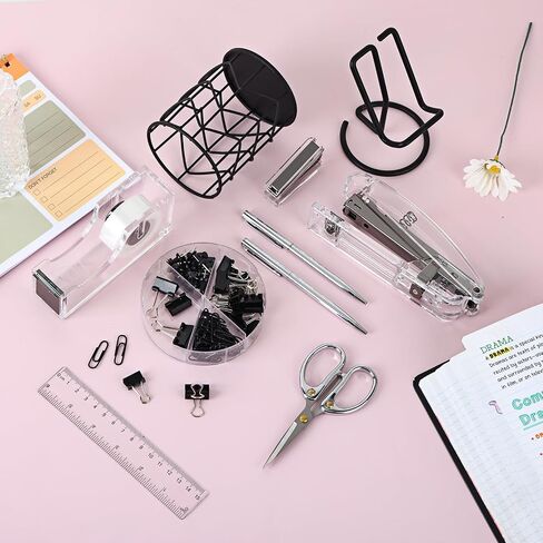 EOOUT Black Office Supplies Set Desk Accessories, Acrylic Stapler Set Staple Remover, Phone Holder, Tape Holder, Pen Holder, 2 Ballpoint Pen, Scissor, Binder Clips, Ruler, Transparent in Saudi Arabia