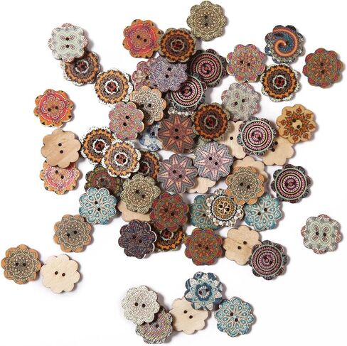 100PCS Mixed Pattern Vintage 3/4inch Wooden Buttons 2 Holes DIY Craft Sewing Random Flower Painting Buttons Hand-Made DIY Sewing Process Decorative Wooden Buttons Clothes Accessories 20mm Wood buttons in Saudi Arabia