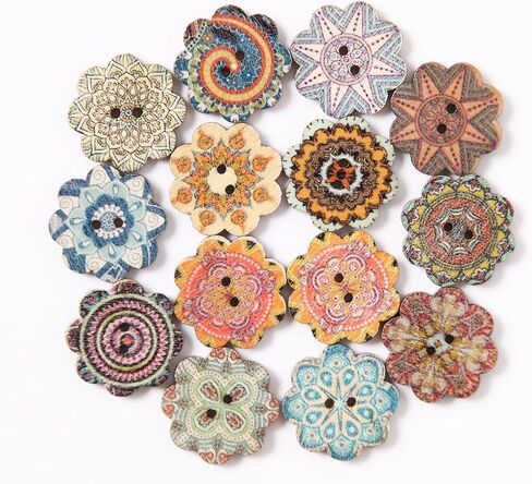 100PCS Mixed Pattern Vintage 3/4inch Wooden Buttons 2 Holes DIY Craft Sewing Random Flower Painting Buttons Hand-Made DIY Sewing Process Decorative Wooden Buttons Clothes Accessories 20mm Wood buttons in Saudi Arabia