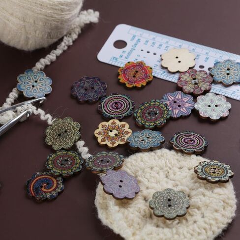 100PCS Mixed Pattern Vintage 3/4inch Wooden Buttons 2 Holes DIY Craft Sewing Random Flower Painting Buttons Hand-Made DIY Sewing Process Decorative Wooden Buttons Clothes Accessories 20mm Wood buttons in Saudi Arabia