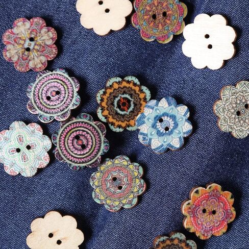 100PCS Mixed Pattern Vintage 3/4inch Wooden Buttons 2 Holes DIY Craft Sewing Random Flower Painting Buttons Hand-Made DIY Sewing Process Decorative Wooden Buttons Clothes Accessories 20mm Wood buttons in Saudi Arabia