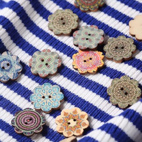 100PCS Mixed Pattern Vintage 3/4inch Wooden Buttons 2 Holes DIY Craft Sewing Random Flower Painting Buttons Hand-Made DIY Sewing Process Decorative Wooden Buttons Clothes Accessories 20mm Wood buttons in Saudi Arabia