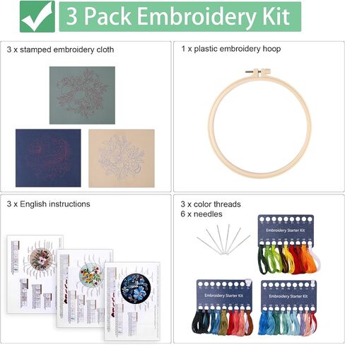 chfine 3 Sets Embroidery Stitches Practice Kit, Embroidery Kit for Beginners Adults, Embroidery Starter Kit Stamped Cross Stitch Sets Beginners Embroidery Kit with Instructions & Tools in Saudi Arabia