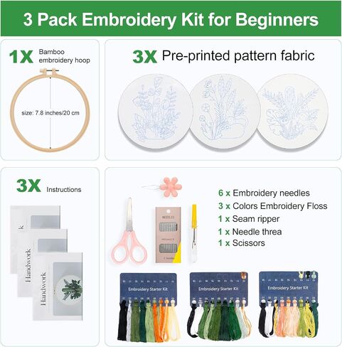 chfine 3 Sets Embroidery Stitches Practice Kit, Embroidery Kit for Beginners Adults, Embroidery Starter Kit Stamped Cross Stitch Sets Beginners Embroidery Kit with Instructions & Tools in Saudi Arabia