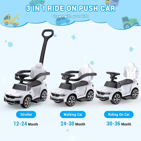 سيارات دفع 4 في 1 للأطفال الصغار من 1 إلى 3 أولاد وبنات، سيارات ركوب مرخصة من BMW مع قرن وموسيقى وأضواء LED ومقبض دفع يمكن التحكم فيه in Saudi Arabia