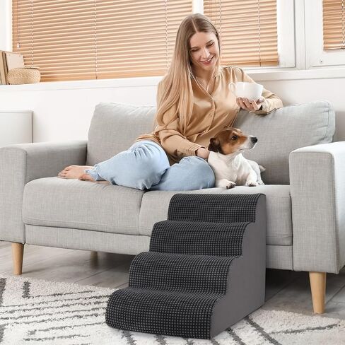 Dog Stairs Ramp for Small Dogs, 4-Step Pet Stairs for Small Dogs and Cats High Density Foam Dog Stairs to Bed & Couch, Pet Stairs with Non-Slip Bottom for Doggies, Aged Dog and Injured Pets in Saudi Arabia
