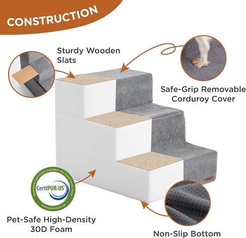 Lesure Dog Stairs for High Beds, Extra Wide Pet Stairs, 3-Steps Dog Steps for Medium/Small Dogs and Old Cats, Foldable Dog Steps with CertiPUR-US Certified Foam and Non-Slip Bottom, Beige in Saudi Arabia