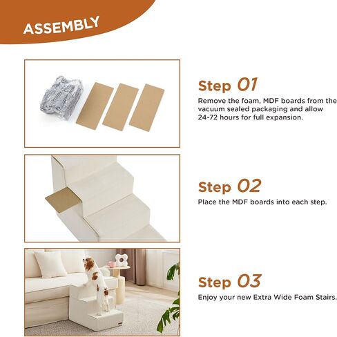 Lesure Dog Stairs for High Beds, Extra Wide Pet Stairs, 3-Steps Dog Steps for Medium/Small Dogs and Old Cats, Foldable Dog Steps with CertiPUR-US Certified Foam and Non-Slip Bottom, Beige in Saudi Arabia