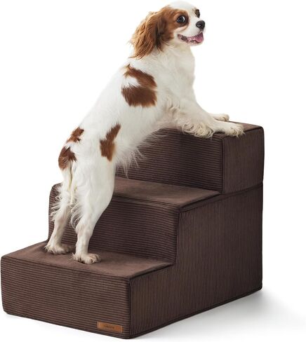 Lesure Dog Stairs for High Beds, Extra Wide Pet Stairs, 3-Steps Dog Steps for Medium/Small Dogs and Old Cats, Foldable Dog Steps with CertiPUR-US Certified Foam and Non-Slip Bottom, Beige in Saudi Arabia