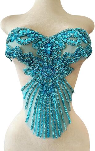 Pure Handmade Bodice lace Rhinestones Applique Sewing Stones Beads Crystal Trimming Patches Accessories for Weding Dress Decorations 16X13.7inches (Sky Blue) in Saudi Arabia