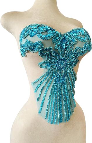 Pure Handmade Bodice lace Rhinestones Applique Sewing Stones Beads Crystal Trimming Patches Accessories for Weding Dress Decorations 16X13.7inches (Sky Blue) in Saudi Arabia