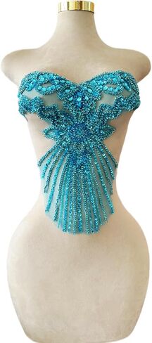 Pure Handmade Bodice lace Rhinestones Applique Sewing Stones Beads Crystal Trimming Patches Accessories for Weding Dress Decorations 16X13.7inches (Sky Blue) in Saudi Arabia