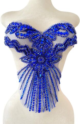 Pure Handmade Bodice lace Rhinestones Applique Sewing Stones Beads Crystal Trimming Patches Accessories for Weding Dress Decorations 16X13.7inches (Sky Blue) in Saudi Arabia
