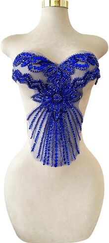 Pure Handmade Bodice lace Rhinestones Applique Sewing Stones Beads Crystal Trimming Patches Accessories for Weding Dress Decorations 16X13.7inches (Sky Blue) in Saudi Arabia