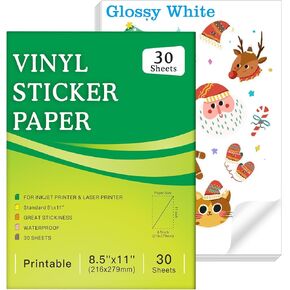 30 Sheets Premium Printable Vinyl Sticker Paper for Inkjet Printer and Laser, Glossy White 8.5x11 Inch Sticker Paper Waterproof, Dries Quickly, Vivid Colors, Tear Resistant, Great for Cutting Machines