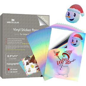 MECOLOUR Holographic Sticker Paper 8.5'' 11'' Printable Premium Rainbow Vinyl, Waterproof, Dries Quickly Vivid Colors, Holds Ink Well- Tear Resistant -for Inkjet Printer 20 SHEETS