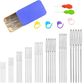 Eketirry 46 PCS Large-Eye Blunt Needles kit, 8 Sizes Stainless Steel Yarn Knitting Sewing Needles, Crafting Weaving Stringing Needles with Threaders and Stitch Markers(Black)