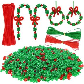 Livder Christmas Beaded Ornament Kit, 1000 Pieces Triangle Beads, 300 Pieces Plastic Beads, 50 Pieces Chenille Stems, 64 Feet Ribbon for Xmas Craft Wreath Tree Decorations