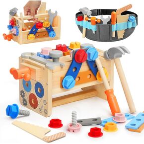 Kids Tools Set with Tool Belt, Myfolrena Toddler Tool Toys Wooden Tools Set Pretend Play Tool for Toddlers Ages 2-5 Learning Toy Set Stem Montessori Toys