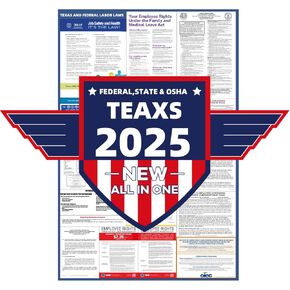 2025 Texas State and Federal Labor Laws Poster - OSHA Compliant UV Waterproof Laminated - English Version 24" x 36" - All in One Compliance Posting