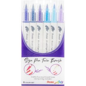 Pentel Arts Sign Pen Twin Brush, Pack of 6 Pens, Blue Hues (SESW30CPC6-2)