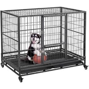 Yaheetech Dog Crate 43 بوصة قفص معدني شديد التحمل للكلاب قابل للطي ومفتوح من أعلى بيت للحيوانات الأليفة مع أبواب مزدوجة ومنع أقفال الهروب / عجلات قابلة للقفل / صينية مزدوجة داخلية وخارجية، أسود