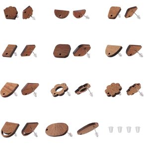 Pandahall 22Pairs Walnut Wood Stud Earring Posts Oval Round Square Wooden Earrings Pin Studs with Earring Back for Dangle Earring Jewelry Making