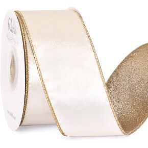 Ribbli Red Velvet Ribbon Wired 2.5 Inch Glossy Velvet with Gold Glitter Christmas Ribbon for Christmas Tree Decoration Big Bow Gift Wrapping Crafts Wreaths Supplies - Continuous 10 Yards