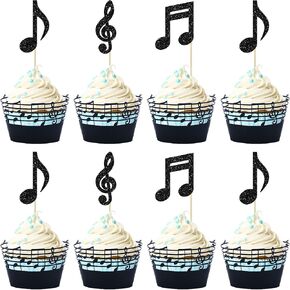 Gyufise 36Pcs Music Notes Cupcake Toppers and Wrappers Glitter Musical Symbols Cupcake Picks for Rock Music Theme Baby Shower Kids Birthday Party Cake Decorations Supplies