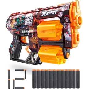 XShot Skins Dread Blaster - Demon Slayer Skin by ZURU Demon Slayer Design with 12 Darts, Double Rotating Barrels, Air Pocket Dart Technology, Toy Foam Blaster for Kids, Teens and Adults