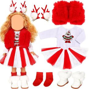 UPINS Christmas 18 Inches Doll Clothes and Accessories Winter Doll Outfits Set Christmas Deer Costume Includes Tutu Dress Vest T-Shirt Shoes Hairpin Socks for 18 Inch Doll Girls Gifts