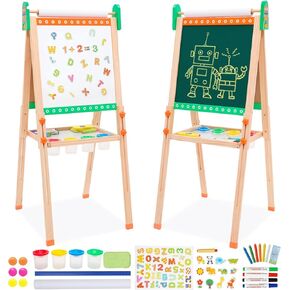 Kids Wooden Easel Foldable Double Sided Whiteboard Blackboard Children Art Easel with Storage, Height Adjustable Easel for Boys Girls Painting and Writing with Gift Packs (Green robot)