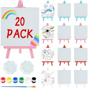 Valentines Day Gifts for Kids - Valentines Day Cards for Kids School - 20 Pack Watercolor Paint Set, Acrylic Paint Canvas Brushes Easel, Stationery Exchange for Boys Girls Class Classroom Party Favor