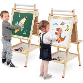 Kids Easel Wooden Art Easel Adjustable Standing Easel Double-Sided Drawing Easel with Paper Roll Chalkboard & Whiteboard for Kids Toddlers Birthday Holiday Gifts.