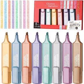 NiArt Metallic Glitter Highlighters Set of 8 Subtle Colors with Chisel Tips, Flexible Line Width and Smudge-Proof Water-Based Ink for Sparkling Note-Taking