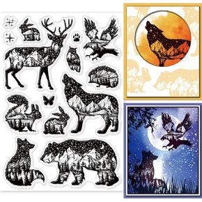 GLOBLELAND Animal Theme Silhouette Clear Stamps Brown Bears Rabbits Owls Hedgehogs Sika Deer Butterflies and Squirrels Silicone Clear Stamp Seals for DIY Scrapbooking Journals