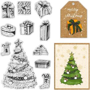 Christmas Tree Clear Stamps for Card Making and Journaling, Xmas Socking Gift Rubber Stamps Happy New Year Stamps for Scrapbooking DIY Cards Album Crafts Supplies