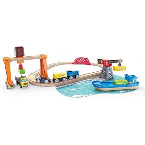 Hape Lift & Load Harbor Set | Toy Train and Boat Set with Cranes, for Children Ages 3Y+