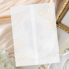 ZYNERY 70 Pack Pre-folded Vellum Jackets for 5x7 Invitations Sleeves Vellum Wrap Vellum Paper Translucent Vellum Envelopes for Wedding Invitations Wraps Birthday Invitation (Gold Foil Rose)