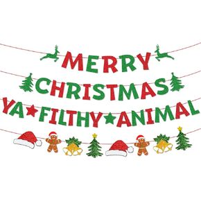 Merry Christmas Ya Filthy Animal Banner, No-DIY Red Green Glitter Funny Christmas Banner, Merry Christmas Ya Filthy Animal Sign, Home Alone Christmas Decorations for Home Office Mantel