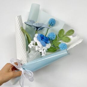 JOMODECOR Handmade Crochet Blue Tulip Rose Bouquet with Three tichome, Knitted Artificial Forever Flowers with Exquisite Wrap, Gift to Girlfriend Mom Women
