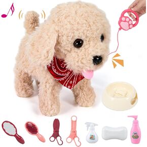 Toy Dog That Walk and Bark, Pet Care Playset - Remote Control Leash Interactive Electronic Plush Puppy, Tail-Wagging Stuffed Dog, Birthday Gift for Kids Girls Boys Aged 3-6 Year