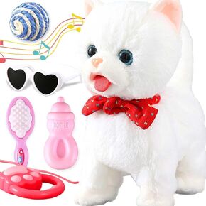 Yellow Pattern Leash Walking Cat Set Interactive Talking Toy Singing Dancing Kitten Mimicking Repeat What You Say Kitty Touch and Voice Control Nodding Wagging Tail Plush Electric Robot for Kid Girl