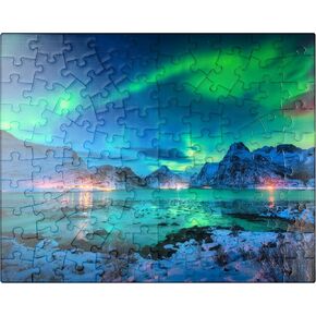 MyPuzzle Aurora Borealis Over Sea Coast, Lights at Night. Northern Lights On Lofoten Islands, Norway - Premium 1000 Piece Jigsaw Puzzle for Adults