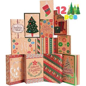 JOYIN 12PCS Christmas Shirt Gift Boxes with Lids for Presents, 3 Sizes Robe Shirt Lingerie Foil Kraft Wrap Boxes for Xmas Holiday Goody Gift Boxes, School Classrooms Party Favor Decoration