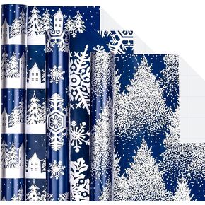 LeZakaa Navy Christmas Wrapping Paper Roll - Min Roll - Snowy Woodland Scenes/Snowflake/Tree for Gift Wrap, DIY Craft - 17 x 120 inches - 3 Rolls (42.5 sq.ft.ttl.)