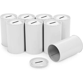 Cylinder Tin Charity Donation Coin Collection Tube Ticket and Suggestion Box 5"H x 3" Diameter Tip Canister with Removable Cover with slot (8 Pack) White