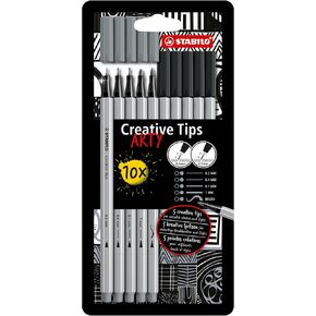 STABILO Multi-Tip Pen Set Creative Tips - 10-Piece ARTY Set - Black and Light Gray Pens - Technical drawing, illustration, sketching, writing, lettering