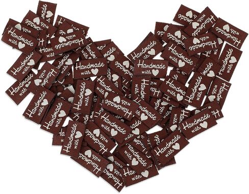 Jeffdad 100 قطعة من ملصقات الخياطة للمنتجات المصنوعة يدويًا، مصنوعة يدويًا بملصقات الحب وعلامات منقوشة على الملابس، ملصقات قماشية للحرف اليدوية والحياكة والخياطة الكروشيه (بني عميق) in Kuwait