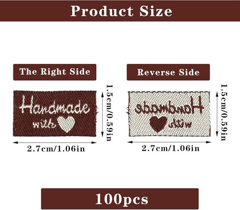 Jeffdad 100 قطعة من ملصقات الخياطة للمنتجات المصنوعة يدويًا، مصنوعة يدويًا بملصقات الحب وعلامات منقوشة على الملابس، ملصقات قماشية للحرف اليدوية والحياكة والخياطة الكروشيه (بني عميق) in Kuwait